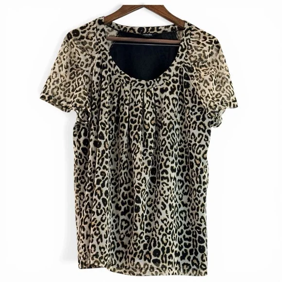 Rafaella Leopard Print Pleated Scoop Neck Short Sleeve Top Large - Picture 2 of 6